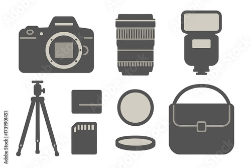 Essential photography equipment set including camera lens flash and tripod
