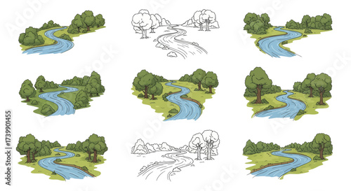 Set of hand drawn river landscape illustrations color and line art.