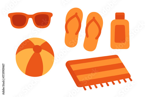 Collection of essential summer beach accessories sunglasses flip flops ball towel sunscreen
