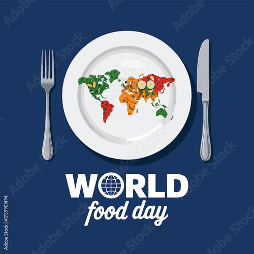 Vector art of world food day concept with a plate featuring a map of the world made of colorful food and cutlery on a blue background