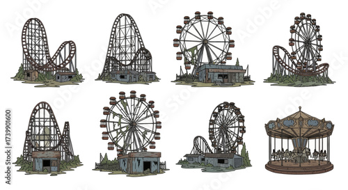 Set of abandoned amusement park rides illustrations.