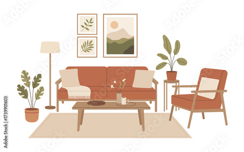 Cozy and Minimalist Living Room Interior with Earth Tone Furniture Plants and Wall Art Providing a Calm and Relaxing Atmosphere