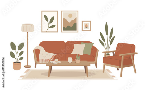 Bohemian living room illustration with terracotta sofa armchair and plants creating a warm and inviting atmosphere for relaxation and comfort