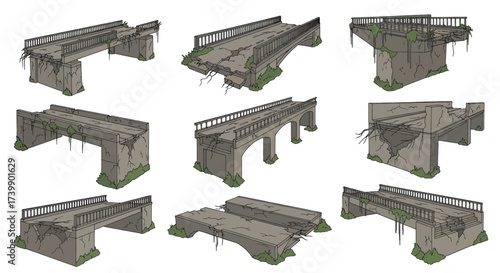 Set of ruined and broken concrete bridges illustration.