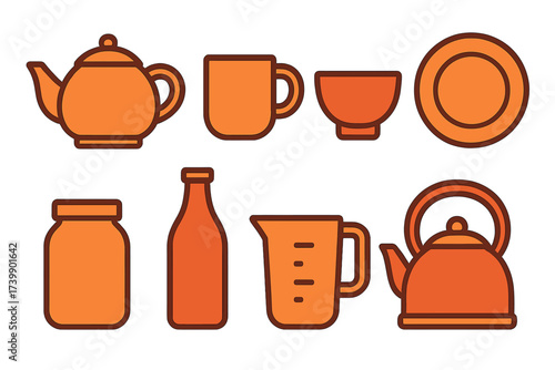 Assortment of household kitchenware items including teapots, mugs, bowls, plates, and storage containers