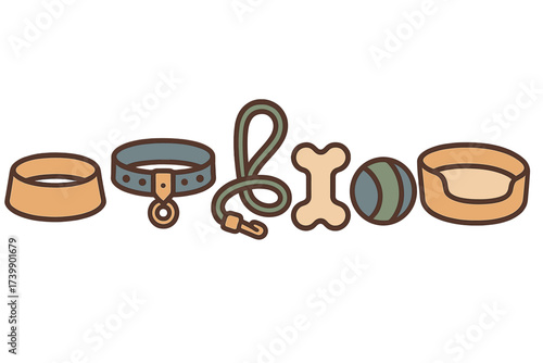 Set of essential dog supplies and accessories including collar, leash, food bowl, bed, bone, and ball