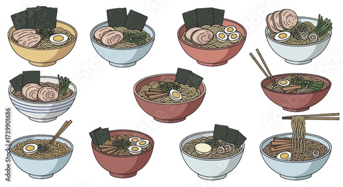 Collection of Japanese Ramen Noodle Soup Bowl Illustrations.