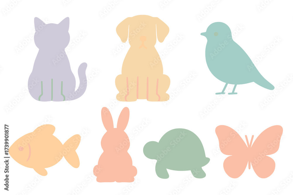 Obraz premium Cute pastel colored animal shapes collection featuring cat dog bird fish rabbit turtle butterfly