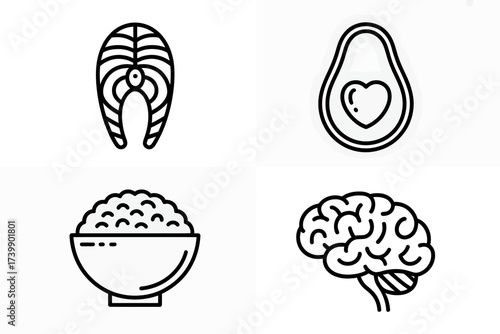 Healthy Food Icons Representing Brain Health and Balanced Diet featuring Salmon Avocado Rice and Brain outline