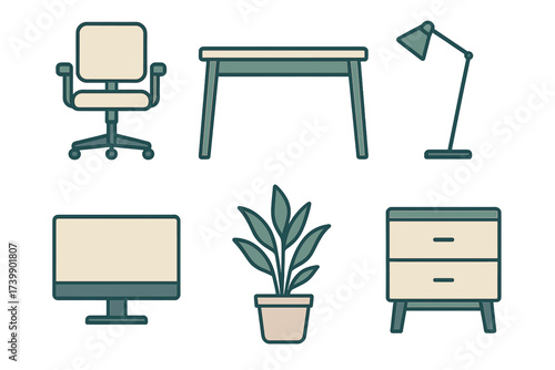 Modern office furniture set and workspace accessories including desk, chair, monitor, lamp, and cabinet