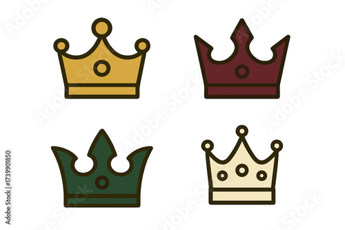 Four stylized royal crowns representing monarchy, power, and success in a colorful set