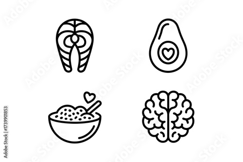 Healthy food choices promoting wellbeing featuring salmon avocado porridge and a brain outline suggesting nourishment for body and mind