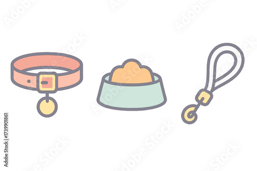 Colorful group of essential pet care accessories including collar, bowl, and leash