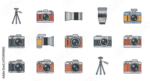 Set of colorful photography equipment icons including cameras lenses and tripods.