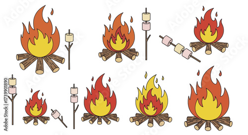 Set of cartoon campfires and roasting marshmallows illustrations.