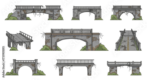 Set of old ruined stone bridges with cracks and overgrowth.