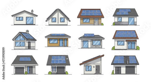 Illustrated set of various houses with solar panels on the roof.