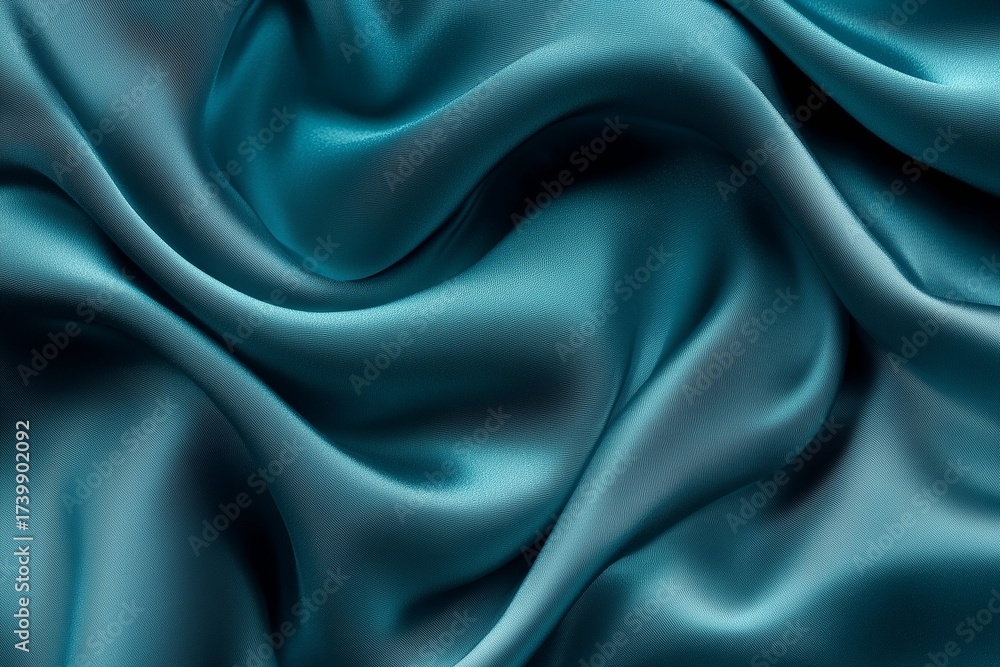 Fototapeta premium Luxurious flowing teal silk fabric with elegant waves and soft texture. Transformative teal background.