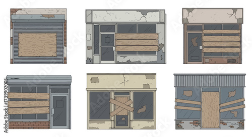 Set of six abandoned and boarded up storefront illustrations.