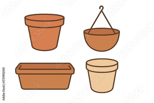 Assortment of empty terracotta clay plant pots and hanging basket containers for gardening projects