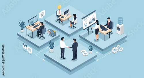 Isometric illustration depicting various business professionals engaged in office activities, collaboration and presentations.