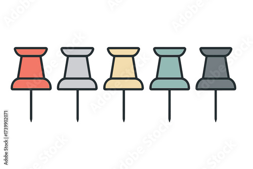 Five colorful pushpins lined up in a row, representing office supplies and organization