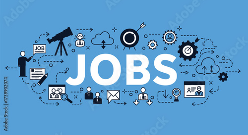 "JOBS" text surrounded by icons representing job search elements like resumes, telescopes, clouds, gears, and people on a blue background.
