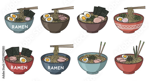 Set of eight Japanese ramen noodle soup bowls illustration.