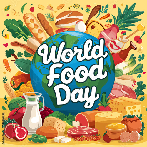 Vector art of world food day celebration with diverse food items and a globe illustration, symbolizing global food security and healthy eating habits