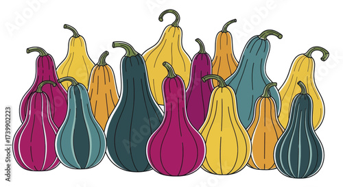 Vibrant collection of colorful autumn gourds and squash illustration.