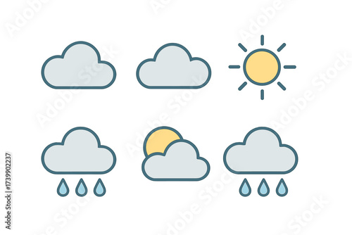 Simple set of weather forecast icons showing sun, clouds, and rain conditions
