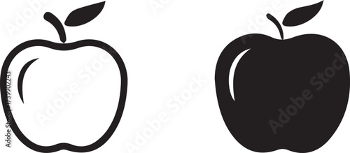 a black silhouette of an apple with a leaf on a white background apple, black, icon, illustration,