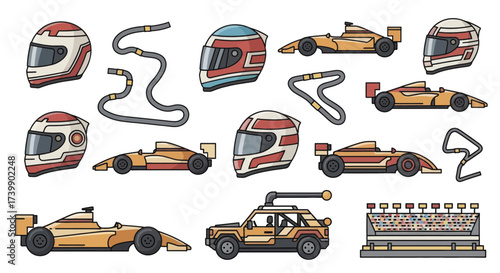 Set of racing sport icons cars helmets and tracks.