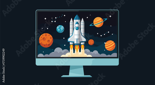 A computer monitor displays a cartoon illustration of a rocket ship launching into space.