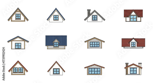 Collection of colorful house roof gables and dormer windows.