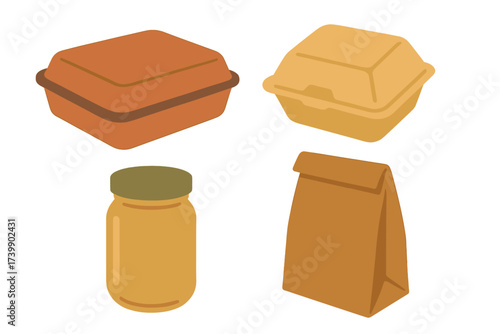 Disposable food packaging set including clamshell boxes, glass jar, and brown paper bag