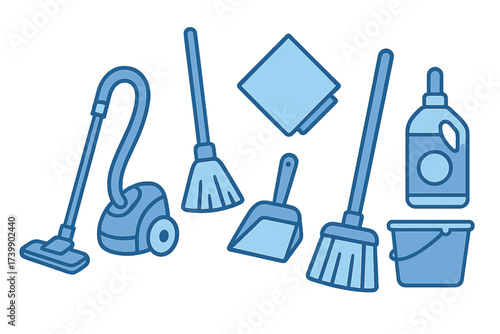 Set of essential household cleaning equipment and supplies like vacuum, brooms, bucket, and detergent
