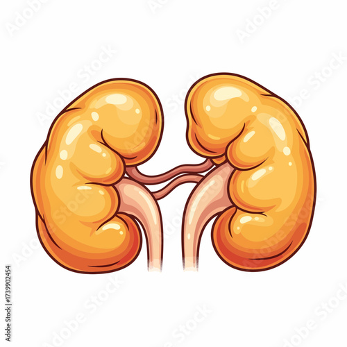 Cartoon Illustration of Human Kidneys with Ureters and Renal Vessels.