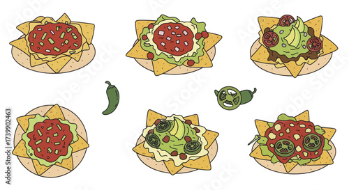 Vector illustration set of delicious Mexican nachos with various toppings like salsa guacamole and jalapenos.