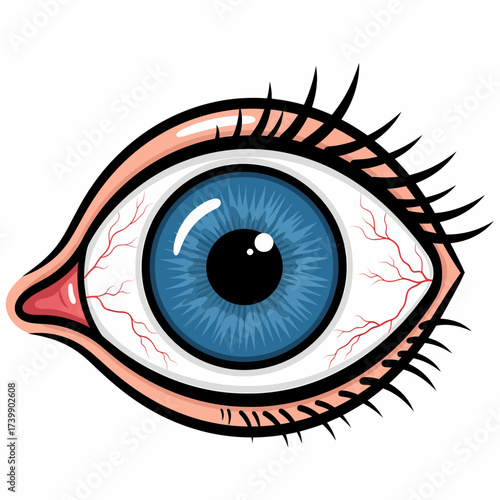 Cartoonish Blue Eye with Prominent Blood Vessels and Thick Black Eyelashes.