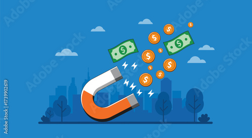 A powerful magnet attracting dollar bills and coins, symbolizing financial success and wealth.