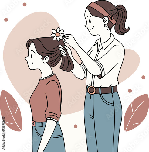 A woman putting a flower in another womans hair, isolated on white background a sweet moment of friendship and care