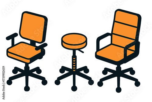 Three different types of ergonomic office chairs and stools displayed in isometric view against a white background