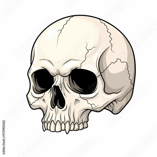 Cartoonish human skull with cracks visible teeth and dark eye sockets.