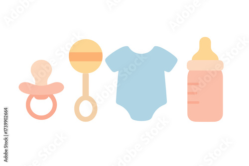 Cute set of newborn accessories featuring a pacifier rattle bodysuit and baby bottle in soft pastel colors