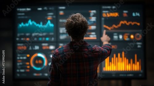 Person interacting with a large digital display showing complex financial data and analytics