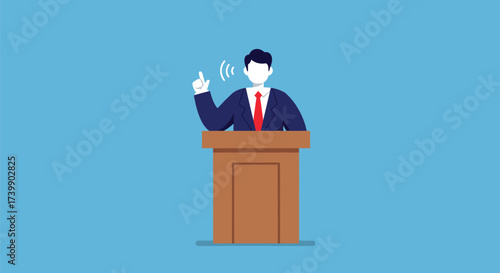 A speaker in a suit giving a speech with a raised hand and sound waves.