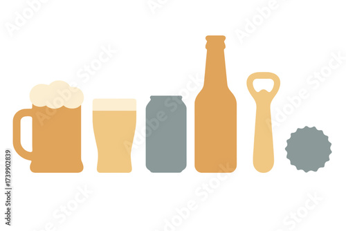 Stylized collection of beer containers and accessories including mug, glass, bottle, can, opener, and cap