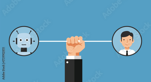 A human hand holds a bar connecting a robot and a person, symbolizing collaboration.