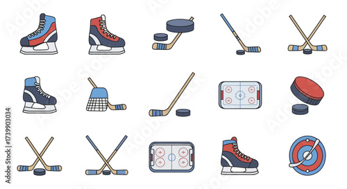Set of colorful ice hockey equipment icons for sports design.